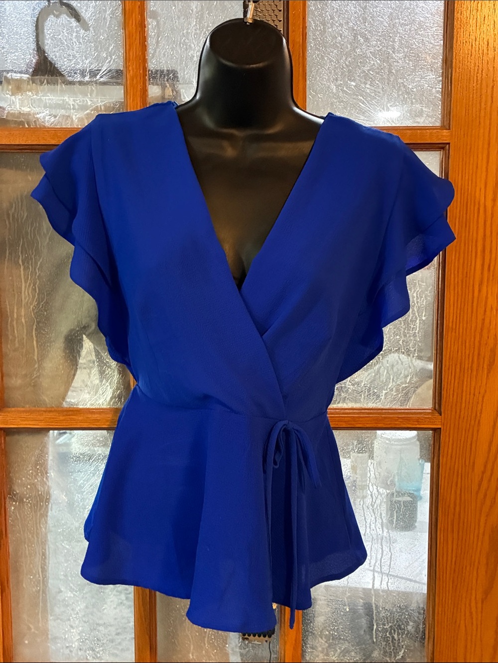 Wrap-Front Royal Blue Flutter Sleeve Blouse